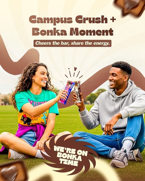 A vibrant 4:5 lifestyle graphic showing two students on a university lawn sharing energy bars, utilizing a social connection to drive product appeal.